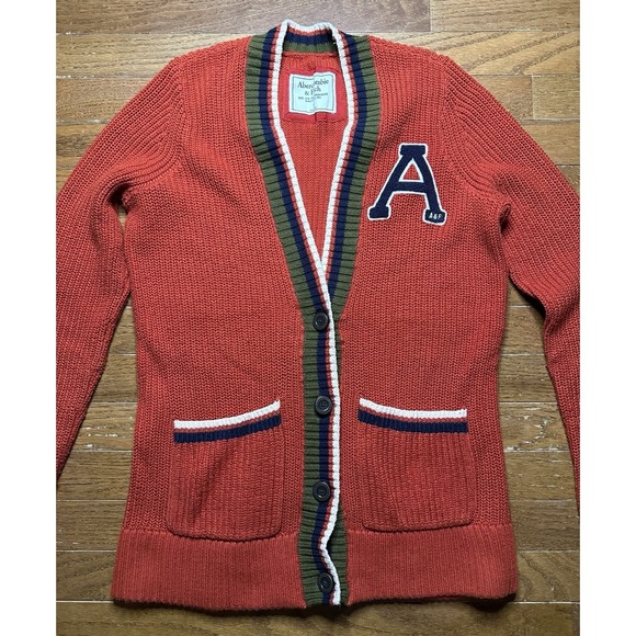 Abercrombie & Fitch Cardigan Varsity Letter Sweater Chunky Knit Women SM Orange - Picture 2 of 7
